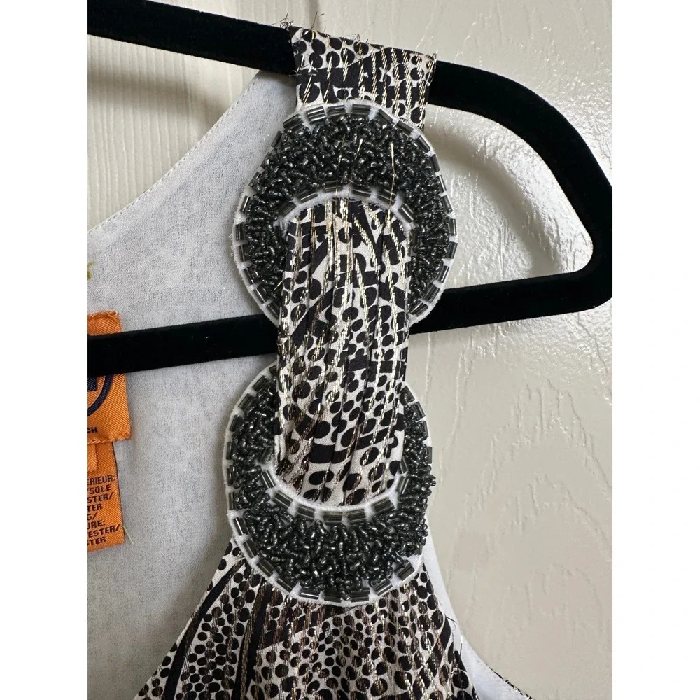 Tory Burch Silk Metallic Dotted‎ Leaf Dress Beaded Straps 8